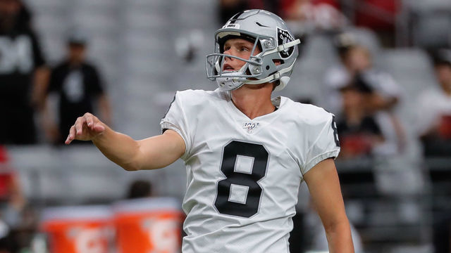 GLENDALE, AZ - AUGUST 15: Oakland Raiders kicker Daniel Carlson (8) watches his kick before the NFL preseason football game between the Oakland Raiders and the Arizona Cardinals on August 15, 2019 at State Farm Stadium in Glendale, Arizona.
