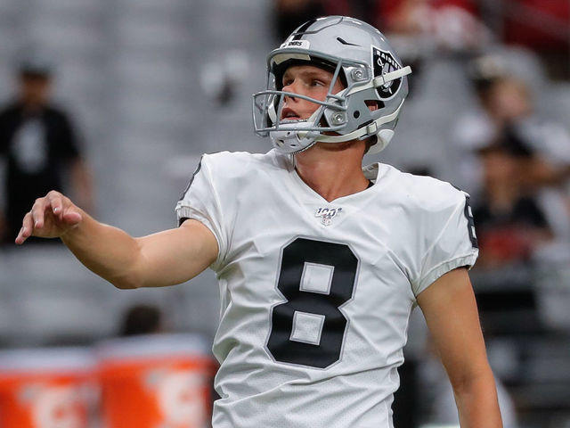 GLENDALE, AZ - AUGUST 15: Oakland Raiders kicker Daniel Carlson (8) watches his kick before the NFL preseason football game between the Oakland Raiders and the Arizona Cardinals on August 15, 2019 at State Farm Stadium in Glendale, Arizona.
