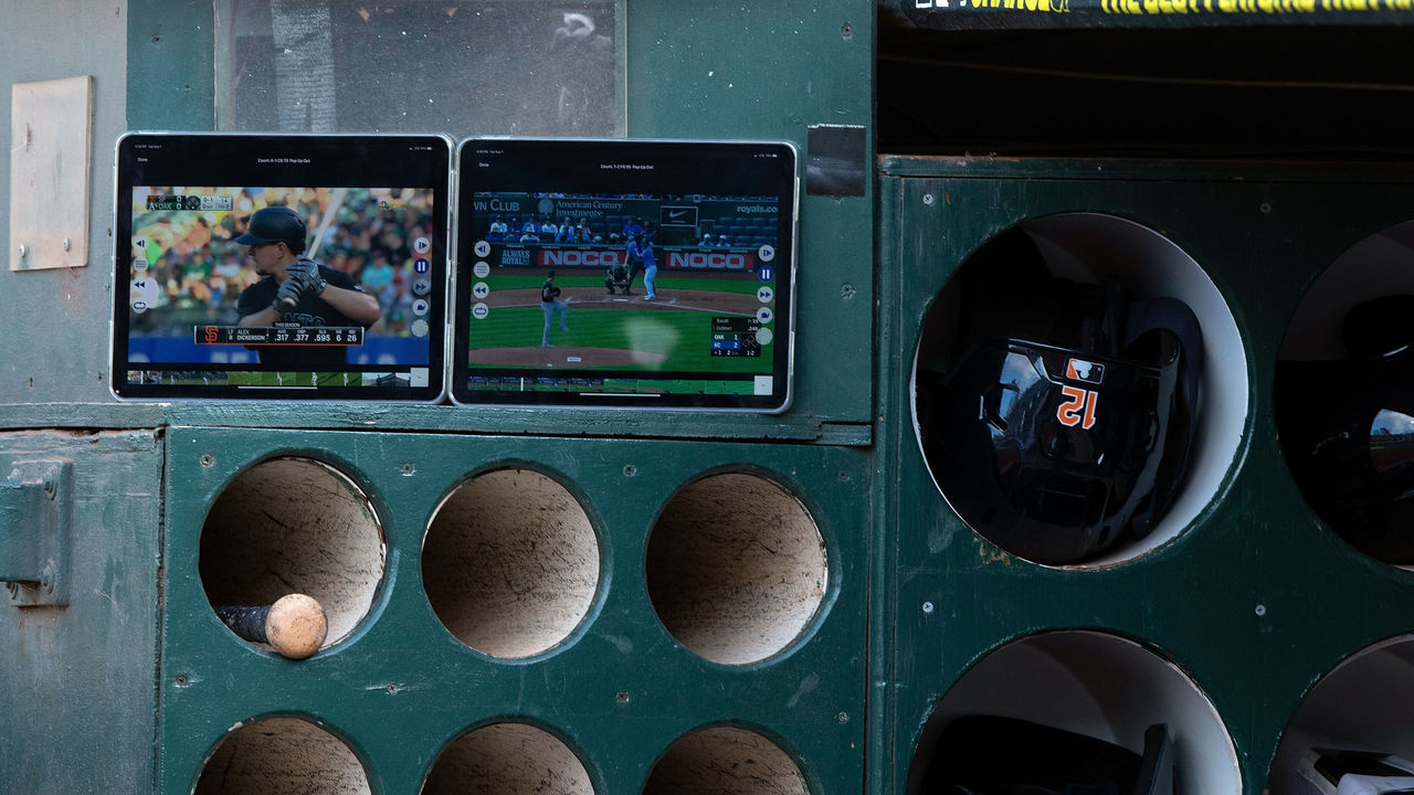 OAKLAND, CA - SEPTEMBER 07: General view of Apple iPads used in the Detroit Tigers dugout before the game against the Oakland Athletics at the RingCentral Coliseum on September 7, 2019 in Oakland, California. The Oakland Athletics defeated the Detroit Tigers 10-2.