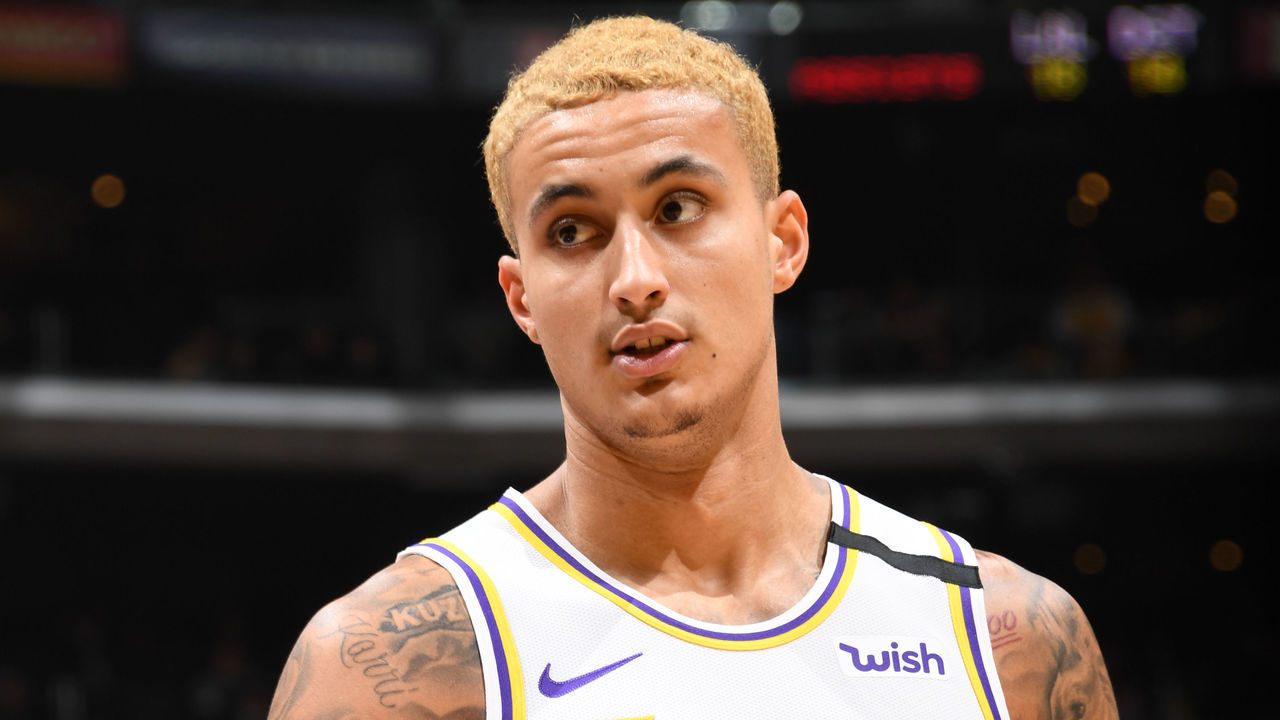 LOS ANGELES, CA - JANUARY 5: Kyle Kuzma #0 of the Los Angeles Lakers looks on during the game against the Detroit Pistons on January 5, 2020 at STAPLES Center in Los Angeles, California. NOTE TO USER: User expressly acknowledges and agrees that, by downloading and/or using this Photograph, user is consenting to the terms and conditions of the Getty Images License Agreement. Mandatory Copyright Notice: Copyright 2020 NBAE