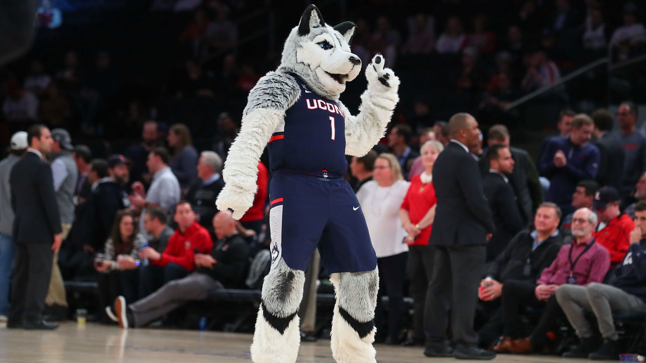 NEW YORK, NY - DECEMBER 10: Connecticut Huskies mascot during the second half of the Jimmy V Classic college basketball game between the Connecticut Huskies and the Indiana Hoosiers on December 10, 2019 at Madison Square Garden in New York, NY.