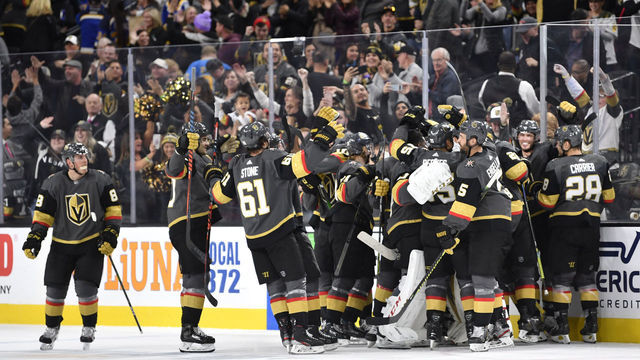 LAS VEGAS, NEVADA - JANUARY 04: The Vegas Golden Knights celebrate after the game-winning goal by Chandler Stephenson #20 in overtime against the St. Louis Blues at T-Mobile Arena on January 04, 2020 in Las Vegas, Nevada.