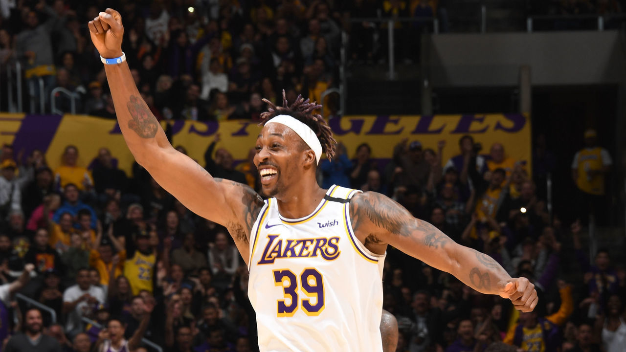 LOS ANGELES, CA - JANUARY 5: Dwight Howard #39 of the Los Angeles Lakers celebrates during the game against the Detroit Pistons on January 5, 2020 at STAPLES Center in Los Angeles, California. NOTE TO USER: User expressly acknowledges and agrees that, by downloading and/or using this Photograph, user is consenting to the terms and conditions of the Getty Images License Agreement. Mandatory Copyright Notice: Copyright 2020 NBAE