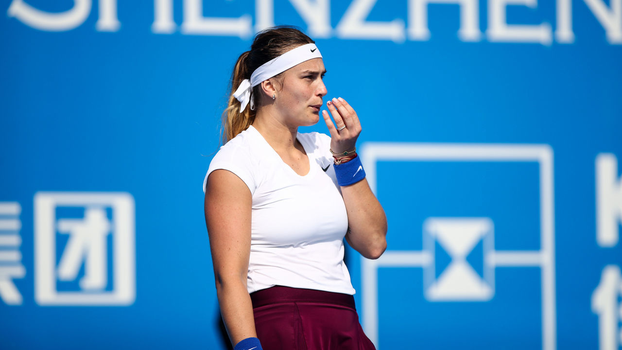 SHENZHEN, CHINA - JANUARY 07: Aryna Sabalenka of Belarus reacts during the match against Kristyna Pliskova of the Czech Republic on Day 3 of 2020 WTA Shenzhen Open at Shenzhen Longgang Sports Center on January 7, 2020 in Shenzhen, China.