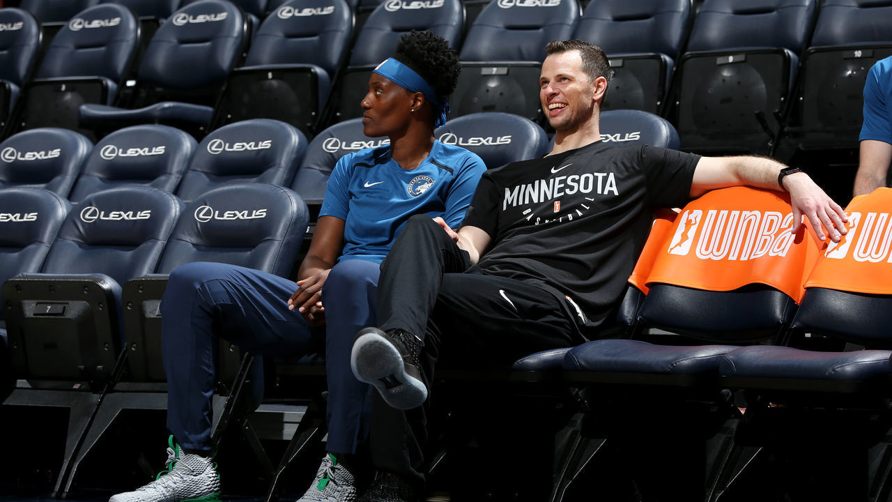 MINNEAPOLIS, MN- MAY 10: Sylvia Fowles #34 and Assistant Coach Walt Hopkins look on before the game against the Washington Mystics on May 10, 2019 at the Target Center in Minneapolis, Minnesota. Mandatory Copyright Notice: Copyright 2019 NBAE