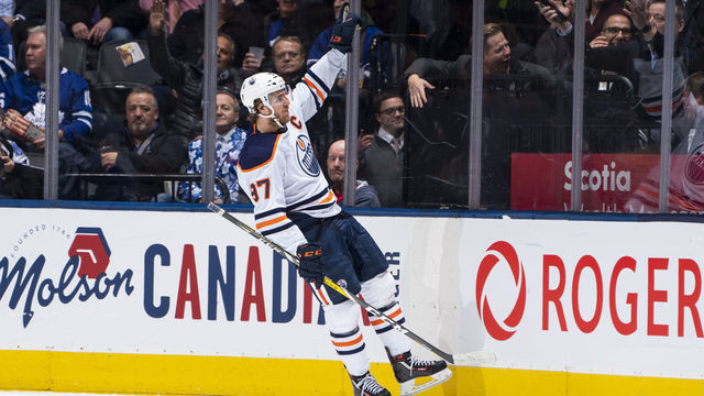 TORONTO, ON - JANUARY 6: Connor McDavid #97 of the Edmonton Oilers celebrates his goal against the Toronto Maple Leafs during the third period at the Scotiabank Arena on January 6, 2020 in Toronto, Ontario, Canada.