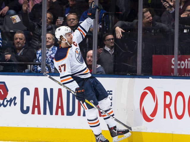 TORONTO, ON - JANUARY 6: Connor McDavid #97 of the Edmonton Oilers celebrates his goal against the Toronto Maple Leafs during the third period at the Scotiabank Arena on January 6, 2020 in Toronto, Ontario, Canada.