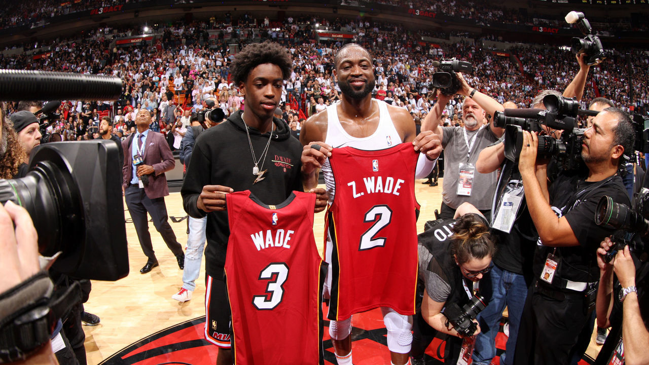 MIAMI, FL - APRIL 9: Dwyane Wade #3 of the Miami Heat and son Zaire pose for a photo following the game against the Philadelphia 76ers on April 9, 2019 at American Airlines Arena in Miami, Florida. Mandatory Copyright Notice: Copyright 2019 NBAE