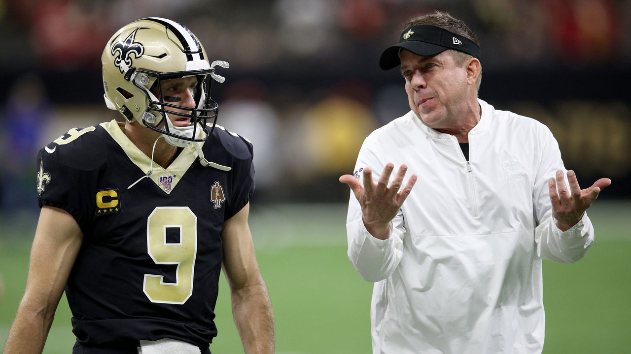 NEW ORLEANS, LOUISIANA - DECEMBER 08: Drew Brees #9 talks with head coach Sean Payton of the New Orleans Saints prior to the game against the San Francisco 49ers at Mercedes Benz Superdome on December 08, 2019 in New Orleans, Louisiana.