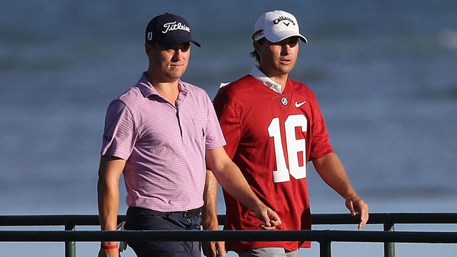 HONOLULU, HI - JANUARY 11: Kevin Kisner (R) wears a Alabama Crimson Tide football jersey after losing a bet to Justin Thomas (L) over the outcome of the 2018 College Football Playoff National Championship game during round one of the Sony Open In Hawaii at Waialae Country Club on January 11, 2018 in Honolulu, Hawaii.