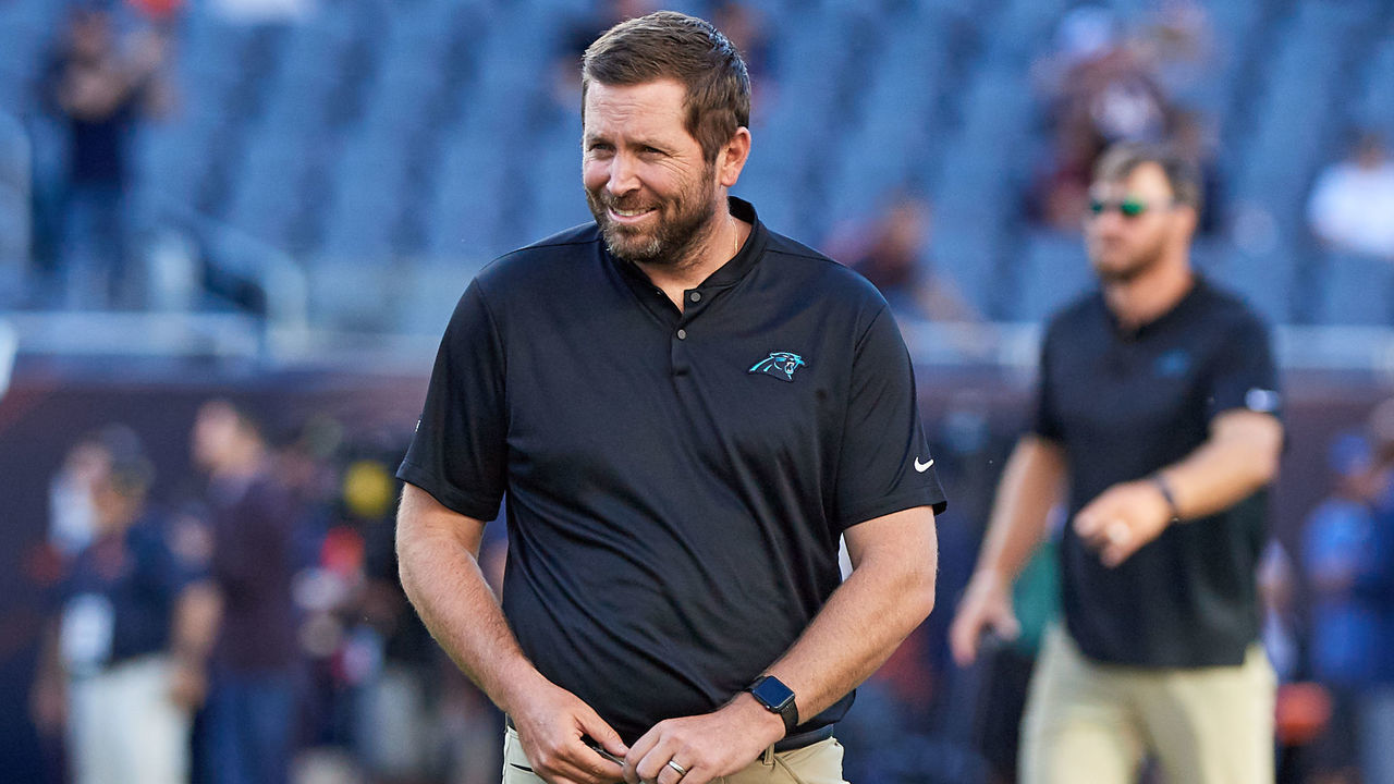 CHICAGO, IL - AUGUST 08: Carolina Panthers quarterbacks coach Scott Turner looks on prior to game action during a NFL preseason game between the Carolina Panthers and the Chicago Bears on August 8, 2019 at Soldier Field, in Chicago, IL.