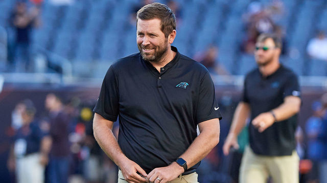CHICAGO, IL - AUGUST 08: Carolina Panthers quarterbacks coach Scott Turner looks on prior to game action during a NFL preseason game between the Carolina Panthers and the Chicago Bears on August 8, 2019 at Soldier Field, in Chicago, IL.