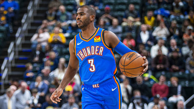 OKLAHOMA CITY, OK - NOVEMBER 12: Chris Paul #3 of the Oklahoma City Thunder dribbles up court against the Indiana Pacers on November 12, 2019 at Chesapeake Energy Arena in Oklahoma City, Oklahoma. Mandatory Copyright Notice: Copyright 2020 NBAE
