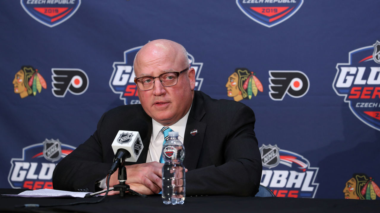 PRAGUE, CZECH REPUBLIC - OCTOBER 04: NHL deputy commissioner Bill Daly speaks at a press conference prior to the NHL Global Series Challenge 2019 match between the Chicago Blackhawks and Philadelphia Flyers at O2 Arena on October 4, 2019 in Prague, Czech Republic.