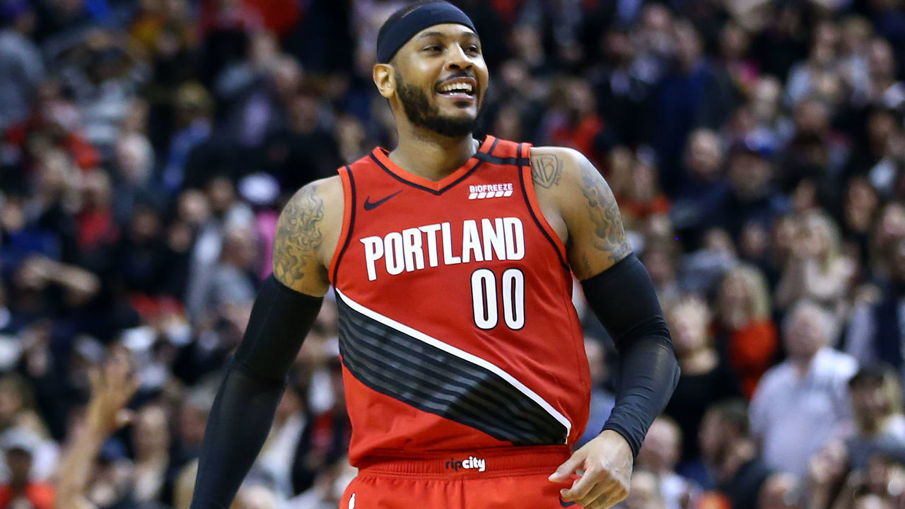 TORONTO, ON - JANUARY 07: Carmelo Anthony #00 of the Portland Trail Blazers celebrates after sinking the winning basket during the second half against the Toronto Raptors at Scotiabank Arena on January 07, 2020 in Toronto, Canada.