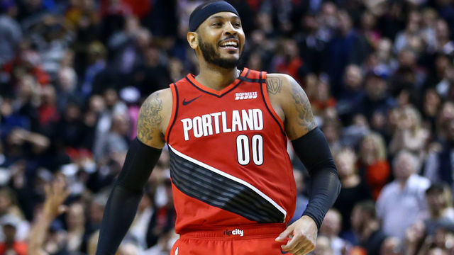 TORONTO, ON - JANUARY 07: Carmelo Anthony #00 of the Portland Trail Blazers celebrates after sinking the winning basket during the second half against the Toronto Raptors at Scotiabank Arena on January 07, 2020 in Toronto, Canada.