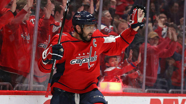 WASHINGTON, DC - JANUARY 07: Alex Ovechkin #8 of the Washington Capitals celebrates his goal against the Washington Capitals during the second period at Capital One Arena on January 07, 2020 in Washington, DC.