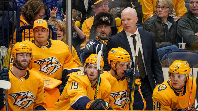 NASHVILLE, TN - JANUARY 7: Nashville Predators head coach John Hynes watches the action against the Boston Bruins at Bridgestone Arena on January 7, 2020 in Nashville, Tennessee.