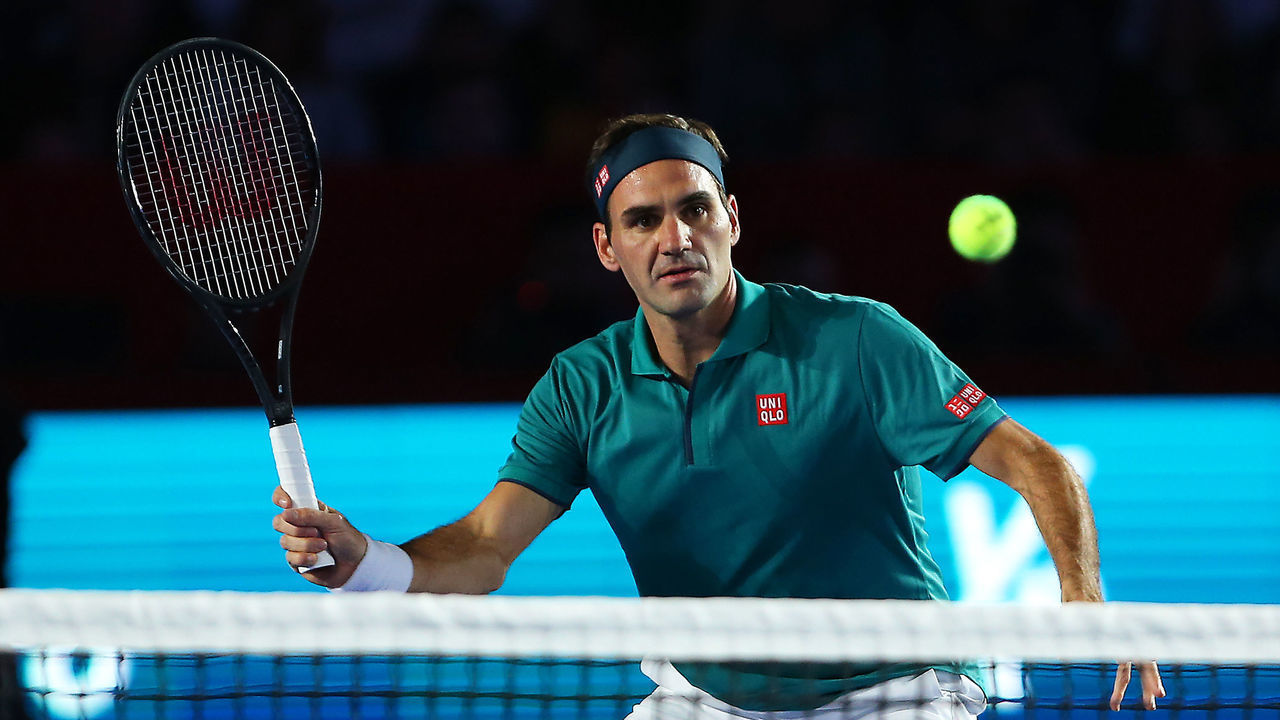 MEXICO CITY, MEXICO - NOVEMBER 23: Roger Federer of Switzerland plays a shot during 'The Greatest Match' between Roger Federer and Alexander Zverev at Plaza Mexico on November 23, 2019 in Mexico City, Mexico.