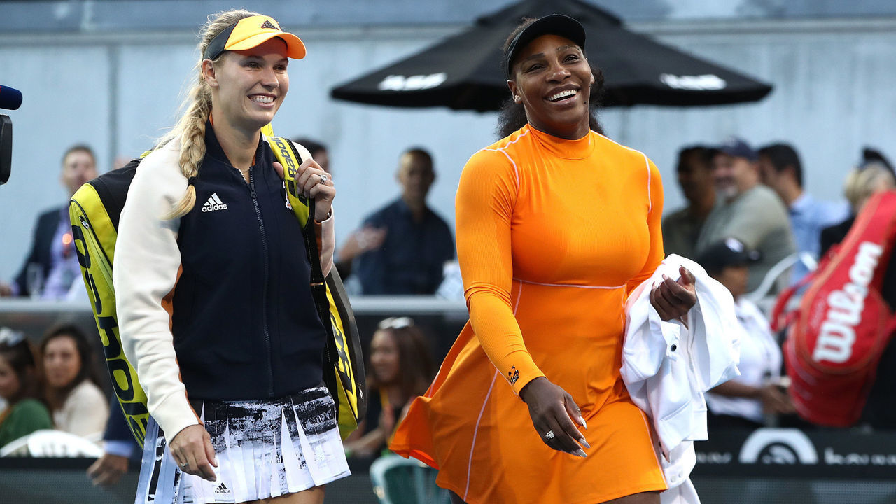 AUCKLAND, NEW ZEALAND - JANUARY 08:Caroline Wozniacki of Denmark and Serena Williams of the USA leave the court following their doubles match against Caroline Dolehide of the USA and Johanna Larsson of Sweden during day three of the 2020 Women's ASB Classic at ASB Tennis Centre on January 08, 2020 in Auckland, New Zealand.
