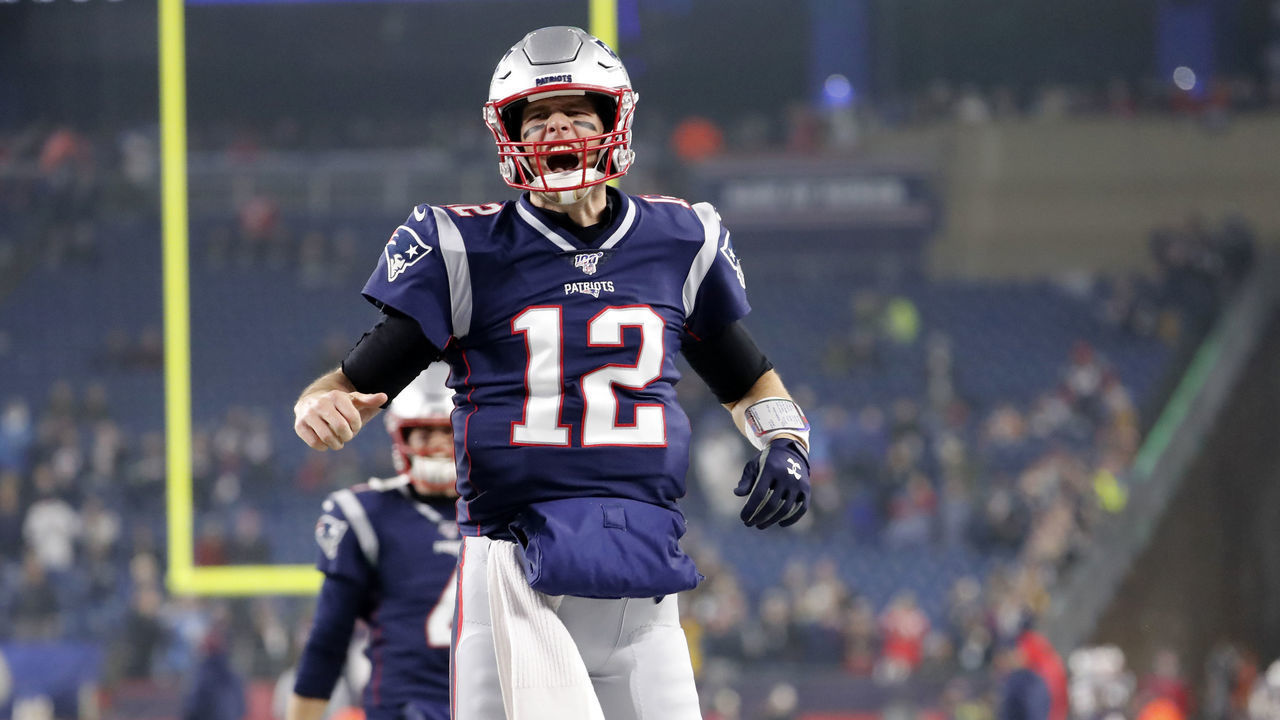 FOXBOROUGH, MA - JANUARY 04: New England Patriots quarterback Tom Brady (12) yells to get the fans psyched before an AFC Wild Card game between the New England Patriots and the Tennessee Titans on January 4, 2020, at Gillette Stadium in Foxborough, Massachusetts.