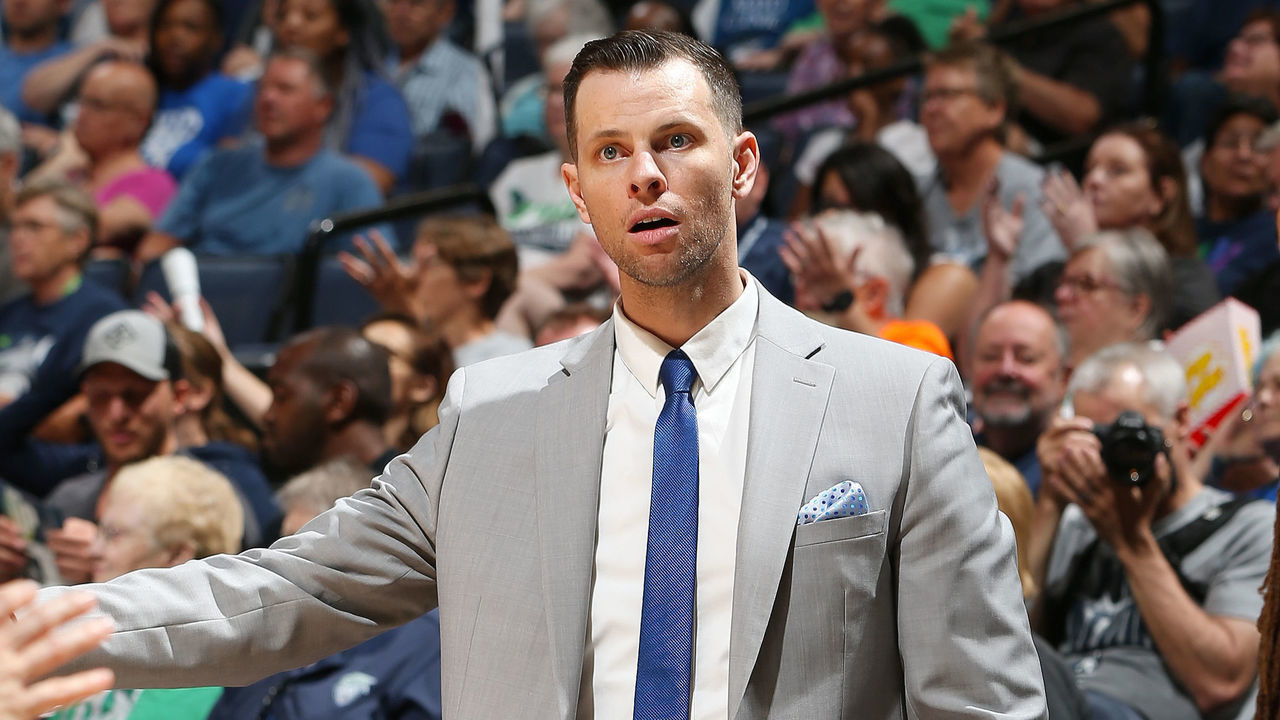 MINNEAPOLIS, MN- JULY 2: Assistant Coach Walt Hopkins of the Minnesota Lynx reacts during the game against the Atlanta Dream on July 2, 2019 at the Target Center in Minneapolis, Minnesota Mandatory Copyright Notice: Copyright 2019 NBAE