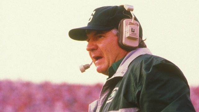 COLUMBUS, OH - OCTOBER 31: George Perles, head coach of the Michigan State Spartans, during a college football game against the Ohio State Buckeyes on October 31, 1989 at Ohio Stadium in Columbus, Ohio.