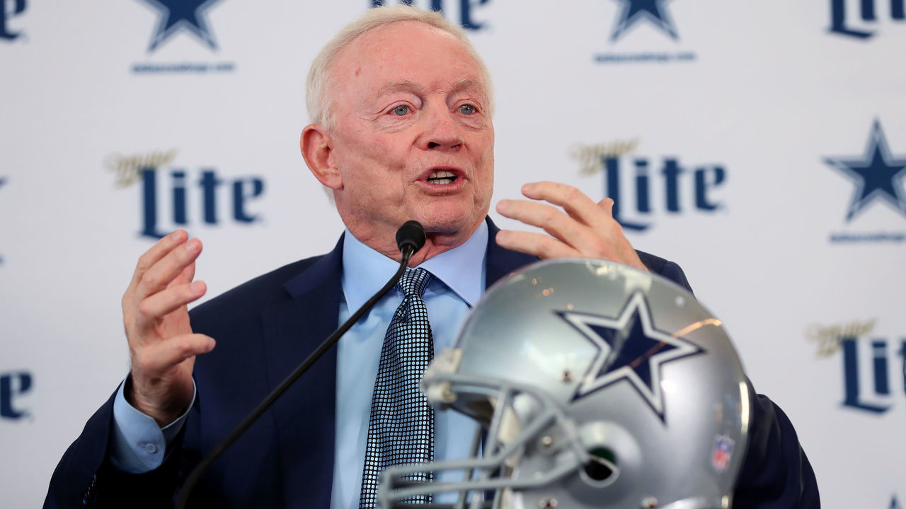 FRISCO, TEXAS - JANUARY 08: Team owner Jerry Jones of the Dallas Cowboys talks with the media during a press conference at the Ford Center at The Star on January 08, 2020 in Frisco, Texas.
