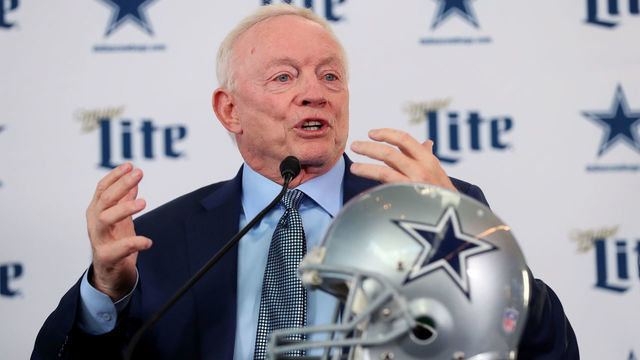 FRISCO, TEXAS - JANUARY 08: Team owner Jerry Jones of the Dallas Cowboys talks with the media during a press conference at the Ford Center at The Star on January 08, 2020 in Frisco, Texas.