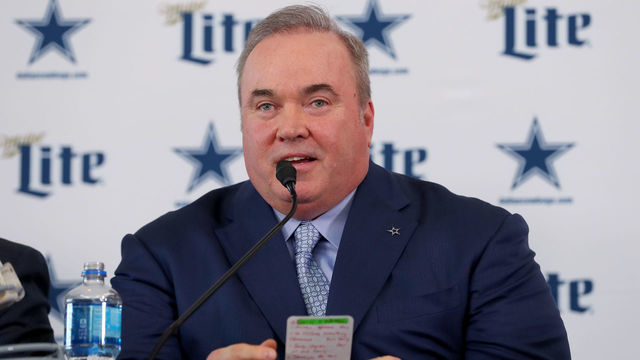 FRISCO, TEXAS - JANUARY 08: Head coach Mike McCarthy of the Dallas Cowboys talks with the media during a press conference at the Ford Center at The Star on January 08, 2020 in Frisco, Texas.