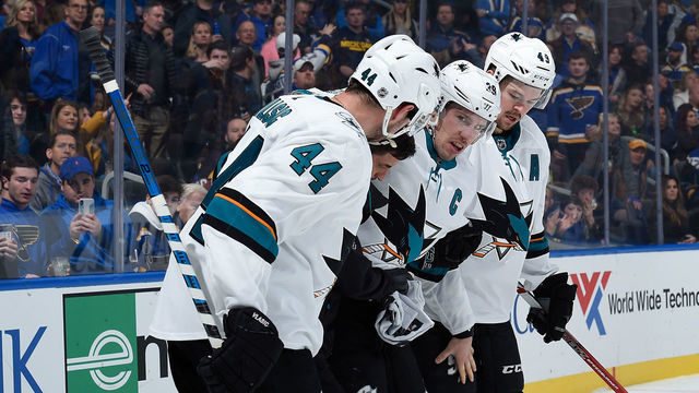 ST. LOUIS, MO - JANUARY 7: Logan Couture #39 of the San Jose Sharks is helped off the ice by teammates and a trainer after sustaining an injury against the St. Louis Blues at Enterprise Center on January 7, 2020 in St. Louis, Missouri.