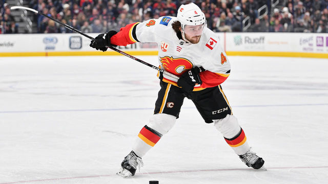 COLUMBUS, OH - NOVEMBER 2: Rasmus Andersson #4 of the Calgary Flames skates against the Columbus Blue Jackets on November 2, 2019 at Nationwide Arena in Columbus, Ohio.