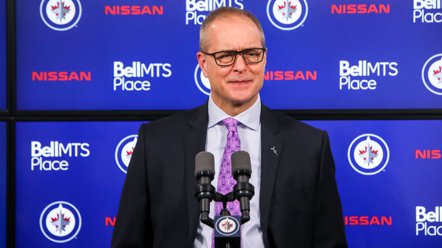 WINNIPEG, MB - NOVEMBER 23: Head Coach Paul Maurice of the Winnipeg Jets answers questions in the post-game press conference following a 4-3 victory over the Columbus Blue Jackets on Hockey Fights Cancer Night at the Bell MTS Place on November 23, 2019 in Winnipeg, Manitoba, Canada.