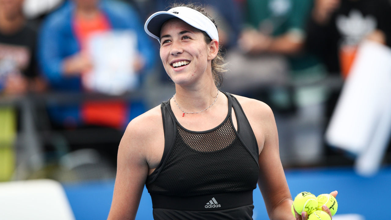 SHENZHEN, CHINA - JANUARY 09: Garbine Muguruza of Spain reacts after winning the match against Zarina Diyas of Kazakhstan on Day 5 of 2020 WTA Shenzhen Open at Shenzhen Longgang Sports Center on January 9, 2020 in Shenzhen, China.