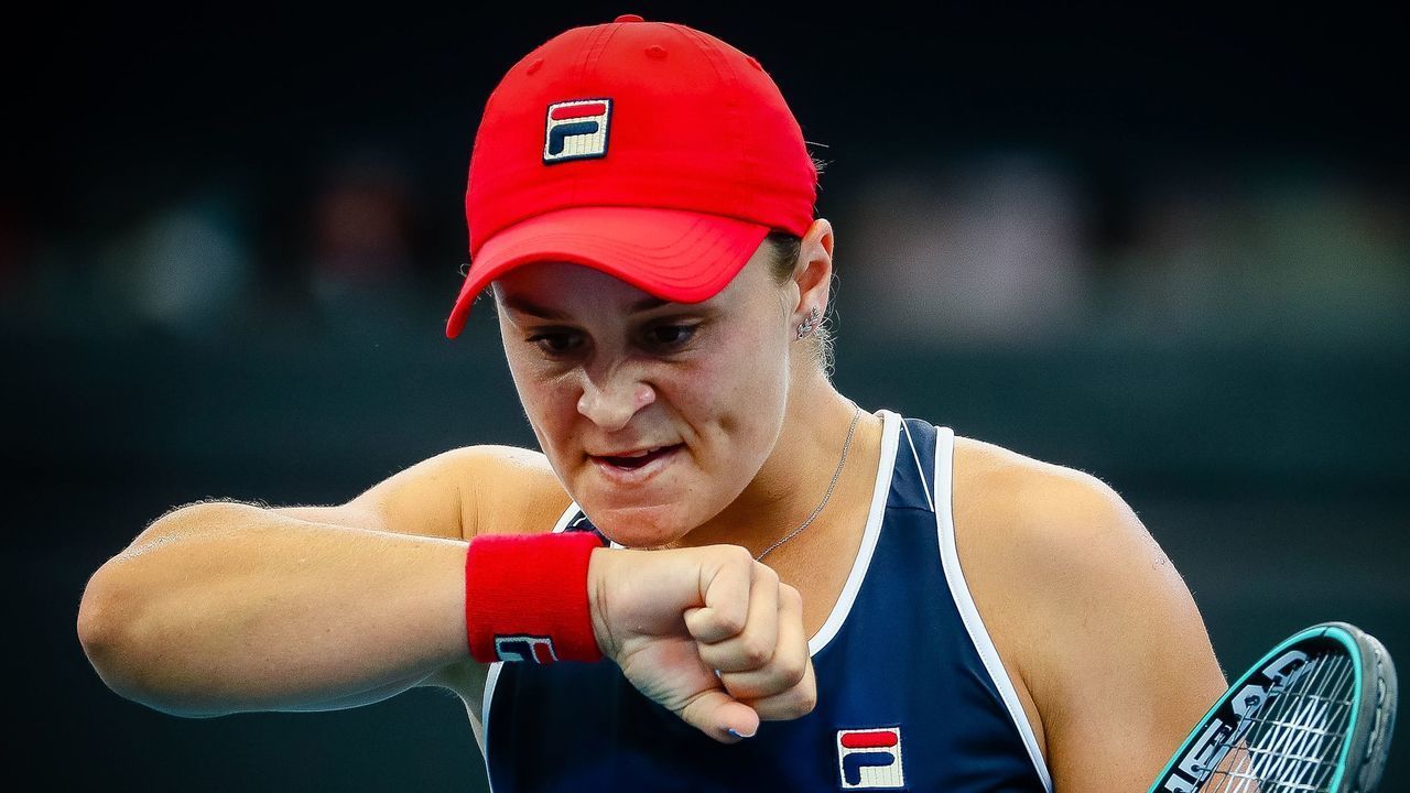 Ashleigh Barty of Australia reacts after a point against Jennifer Brady of the US during their women's singles match at the Brisbane International tennis tournament in Brisbane on January 9, 2020.