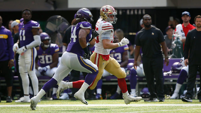 MINNEAPOLIS, MN - SEPTEMBER 9: George Kittle #85 of the San Francisco 49ers runs after making a reception during the game against the Minnesota Vikings at U.S. Bank Stadium on September 9, 2018 in Minneapolis, Minnesota. The Vikings defeated the 49ers 24-16.