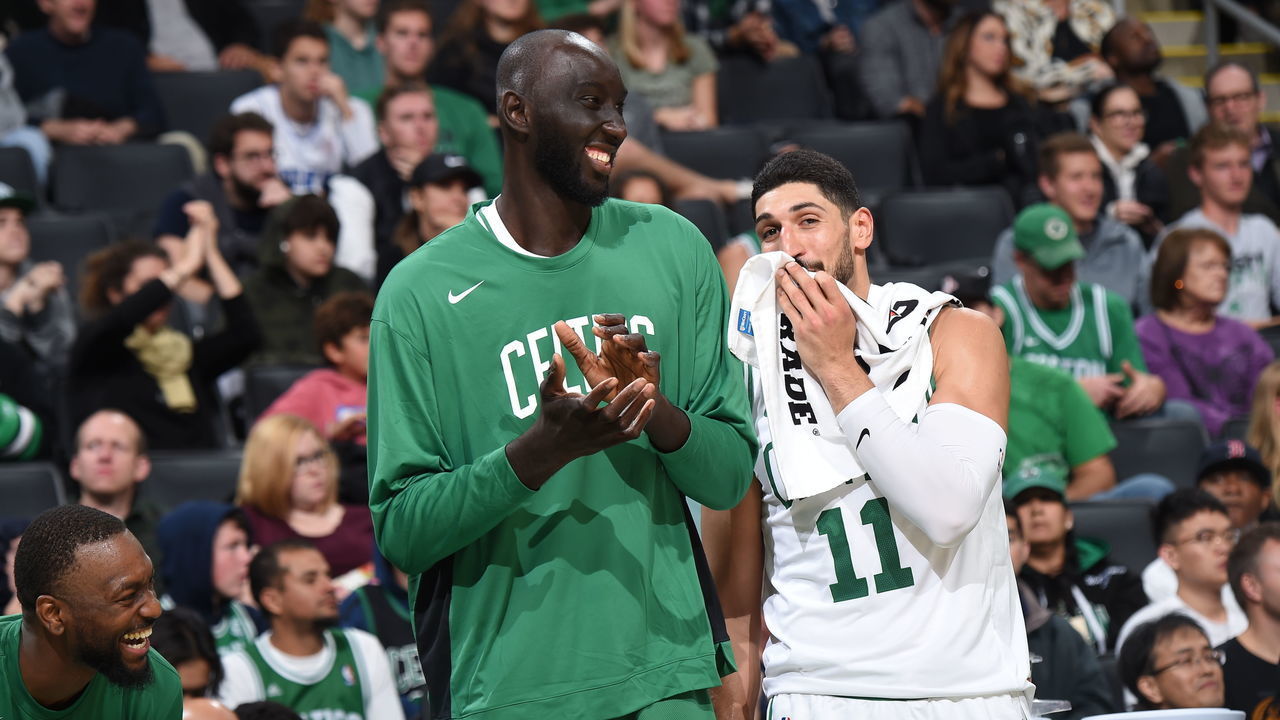 BOSTON, MA - OCTOBER 6: Tacko Fall #99 of the Boston Celtics and Enes Kanter #11 of the Boston Celtics shares a laugh during the game against the Charlotte Hornets on October 6, 2019 at the TD Garden in Boston, Massachusetts. Mandatory Copyright Notice: Copyright 2019 NBAE