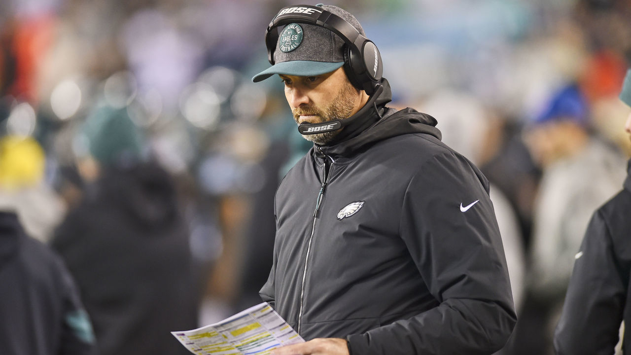 PHILADELPHIA, PA - DECEMBER 22: Philadelphia Eagles offensive Coordinator Mike Groh looks on during the game between the Dallas Cowboys and the Philadelphia Eagle on December 22, 2019, at Lincoln Financial Filed in Philadelphia, PA.