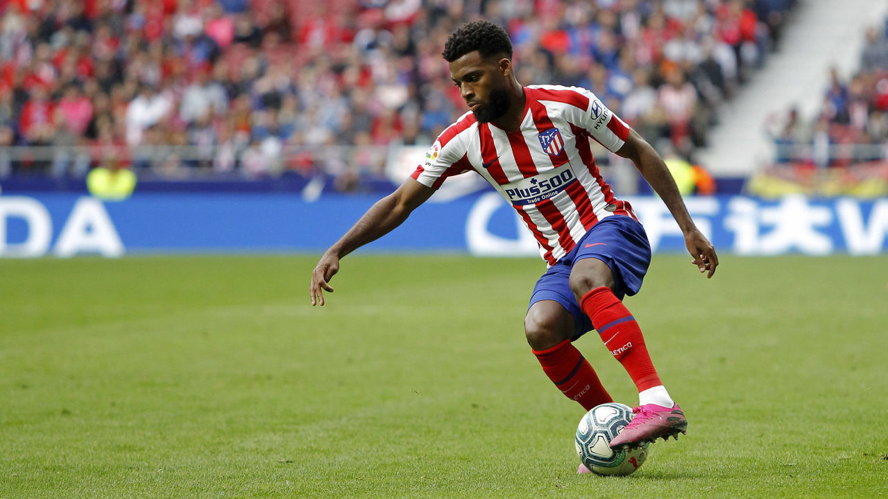 MADRID, SPAIN - OCTOBER 19: Thomas Lemar of Atletico de Madrid controls the ball during the Liga match between Club Atletico de Madrid and Valencia CF at Wanda Metropolitano on October 19, 2019 in Madrid, Spain.