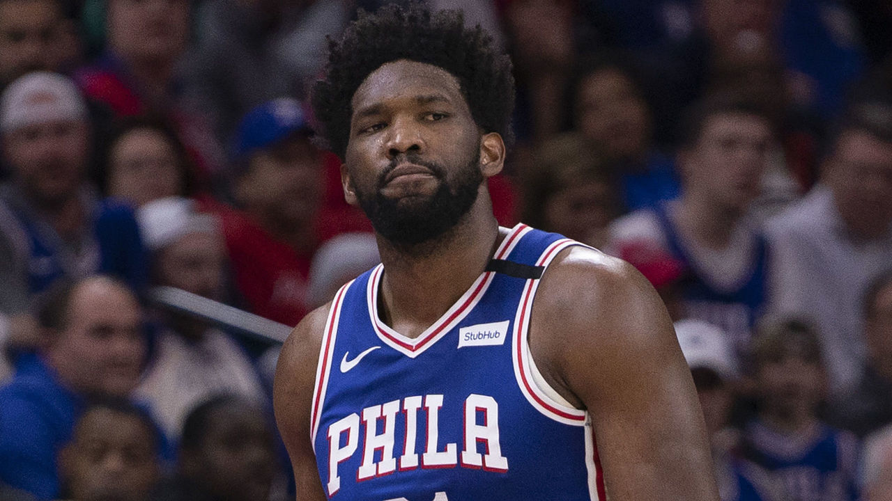 PHILADELPHIA, PA - JANUARY 06: Joel Embiid #21 of the Philadelphia 76ers walks off the court after injuring his finger in the first quarter against the Oklahoma City Thunder at the Wells Fargo Center on January 6, 2020 in Philadelphia, Pennsylvania. NOTE TO USER: User expressly acknowledges and agrees that, by downloading and/or using this photograph, user is consenting to the terms and conditions of the Getty Images License Agreement.