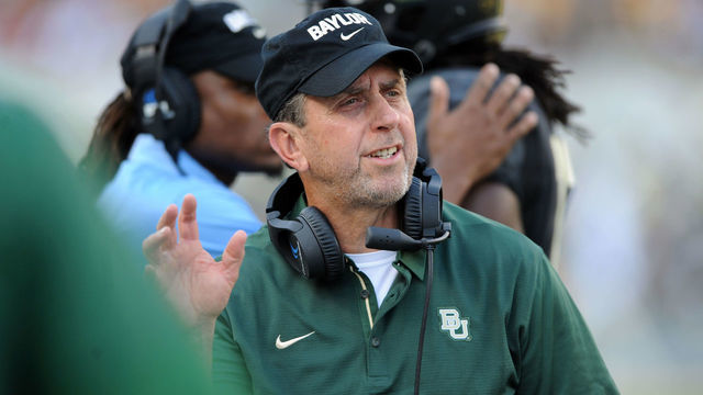 WACO, TX - SEPTEMBER 23: Baylor defensive coordinator Phil Snow watches action during game between the Oklahoma Sooners and the Baylor Bears on September 23, 2017 at McLane Stadium in Waco, TX.