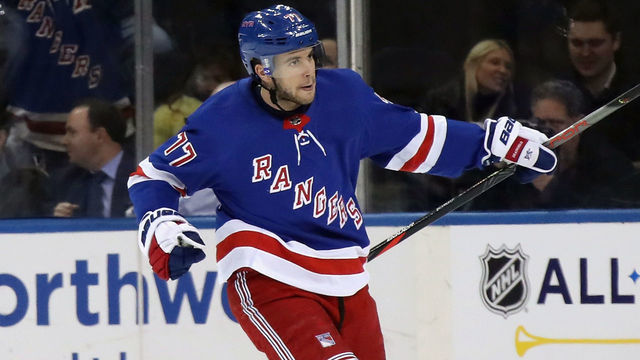 NEW YORK, NEW YORK - JANUARY 09: Tony DeAngelo #77 of the New York Rangers celebrates his first period goal against the New York Rangers at 9:47 at Madison Square Garden on January 09, 2020 in New York City.