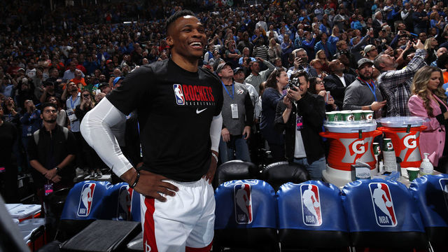 OKLAHOMA CITY, OK - JANUARY 9: Russell Westbrook #0 of the Houston Rockets looks on during his welcoming back video to Oklahoma City before the game on January 9, 2020 at Chesapeake Energy Arena in Oklahoma City, Oklahoma. Mandatory Copyright Notice: Copyright 2020 NBAE