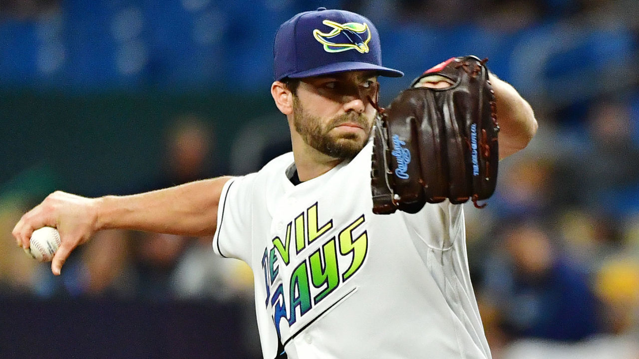 ST PETERSBURG, FLORIDA - AUGUST 30: Austin Pruitt #45 of the Tampa Bay Rays pitches against the Cleveland Indians during the first inning of a baseball game at Tropicana Field on August 30, 2019 in St Petersburg, Florida.
