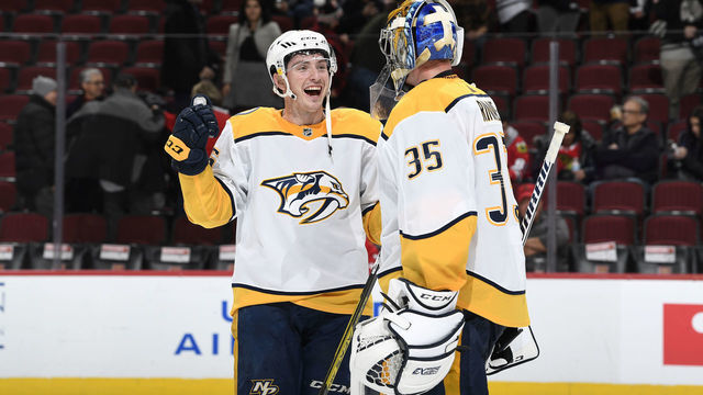 CHICAGO, IL - JANUARY 09: Matt Duchene #95 and goalie Pekka Rinne #35 of the Nashville Predators celebrate after defeating the Chicago Blackhawks 5-2 at the United Center on January 9, 2020 in Chicago, Illinois.