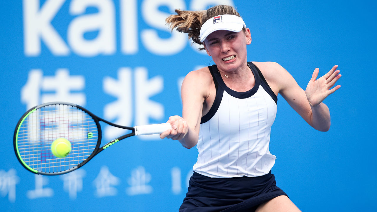 SHENZHEN, CHINA - JANUARY 10: Ekaterina Alexandrova of Russia returns a shot during the match against Garbine Muguruza of Spain on Day 6 of 2020 WTA Shenzhen Open at Shenzhen Longgang Sports Center on January 10, 2020 in Shenzhen, China.