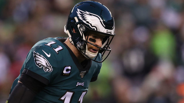PHILADELPHIA, PENNSYLVANIA - JANUARY 05: Quarterback Carson Wentz #11 of the Philadelphia Eagles looks on against the Seattle Seahawks during their NFC Wild Card Playoff game at Lincoln Financial Field on January 05, 2020 in Philadelphia, Pennsylvania.