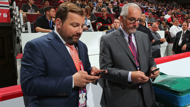 CHICAGO, IL - JUNE 24: (L-R) Chris Johnston and John Shannon work the 2017 NHL Draft at the United Center on June 24, 2017 in Chicago, Illinois.