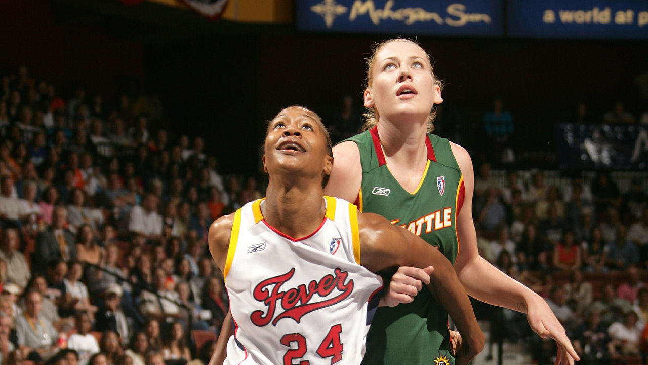 UNCASVILLE, CT - JULY 9: Tamika Catchings #24 of the Eastern Conference All-Stars boxes out against Lauren Jackson #15 of the Western Conference All-Stars during the 2005 WNBA All-Star Game on July 9, 2005 at Mohegan Sun Arena in Uncasville, Connecticut. NOTE TO USER: User expressly acknowledges and agrees that, by downloading and/or using this Photograph, user is consenting to the terms and conditions of the Getty Images License Agreement. Mandatory Copyright Notice: Copyright 2005 NBAE