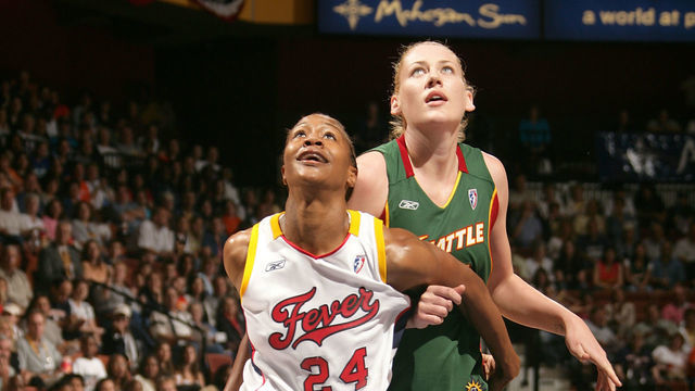 UNCASVILLE, CT - JULY 9: Tamika Catchings #24 of the Eastern Conference All-Stars boxes out against Lauren Jackson #15 of the Western Conference All-Stars during the 2005 WNBA All-Star Game on July 9, 2005 at Mohegan Sun Arena in Uncasville, Connecticut. NOTE TO USER: User expressly acknowledges and agrees that, by downloading and/or using this Photograph, user is consenting to the terms and conditions of the Getty Images License Agreement. Mandatory Copyright Notice: Copyright 2005 NBAE